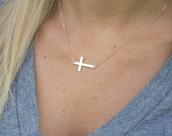 Gold/Silver/Rose Gold Sideways Cross Necklace, Celebrity Jewelry, Cross Necklace, Off Center Cross Necklace, Gift for her, Religious