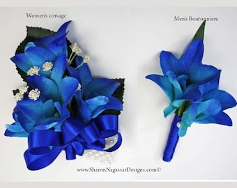 Corsage OR Boutonniere, royal/cobalt, blue, white, orchids, dendrobium, Real Touch flowers, silk/artificial, prom/wedding, bom/galaxy