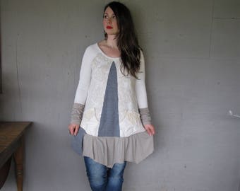 upcycled clothing recycled sweater tunic dress Bohemian Eco Wearable Art X large Lagenlook Boho Repurposed Fun Clothes LillieNoraDryGoods