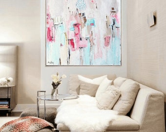 Wand Kunst große Rosa, blau, Malerei, Giclée Kunstdruck von Jolina Anthony