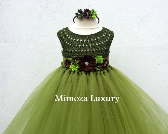 Olive Green Military Flower girl dress, khaki tutu dress, bridesmaid dress, princess dress, crochet top tulle dress, bottle yarn tutu dress