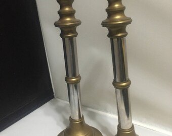 Silver chrome brass stainless steel candlesticks 12 inches tall mixed metal two tone traditional mod heavy pair