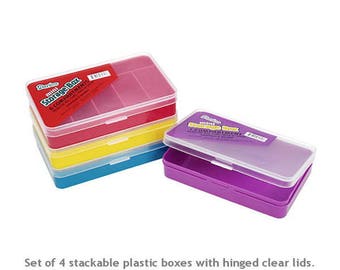 Mini Storage Boxes, 4pc set. 5.5x3.5" Boxes have different compartment sizes. Plastic with hinged clear plastic lids. Color set is as shown.