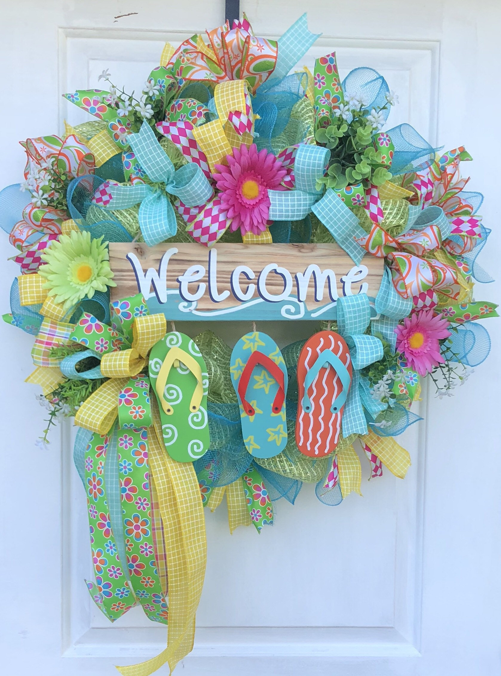 Summer Wreath, Flip Flop Wreath-Summer Deco Mesh Wreath, Front Door ...