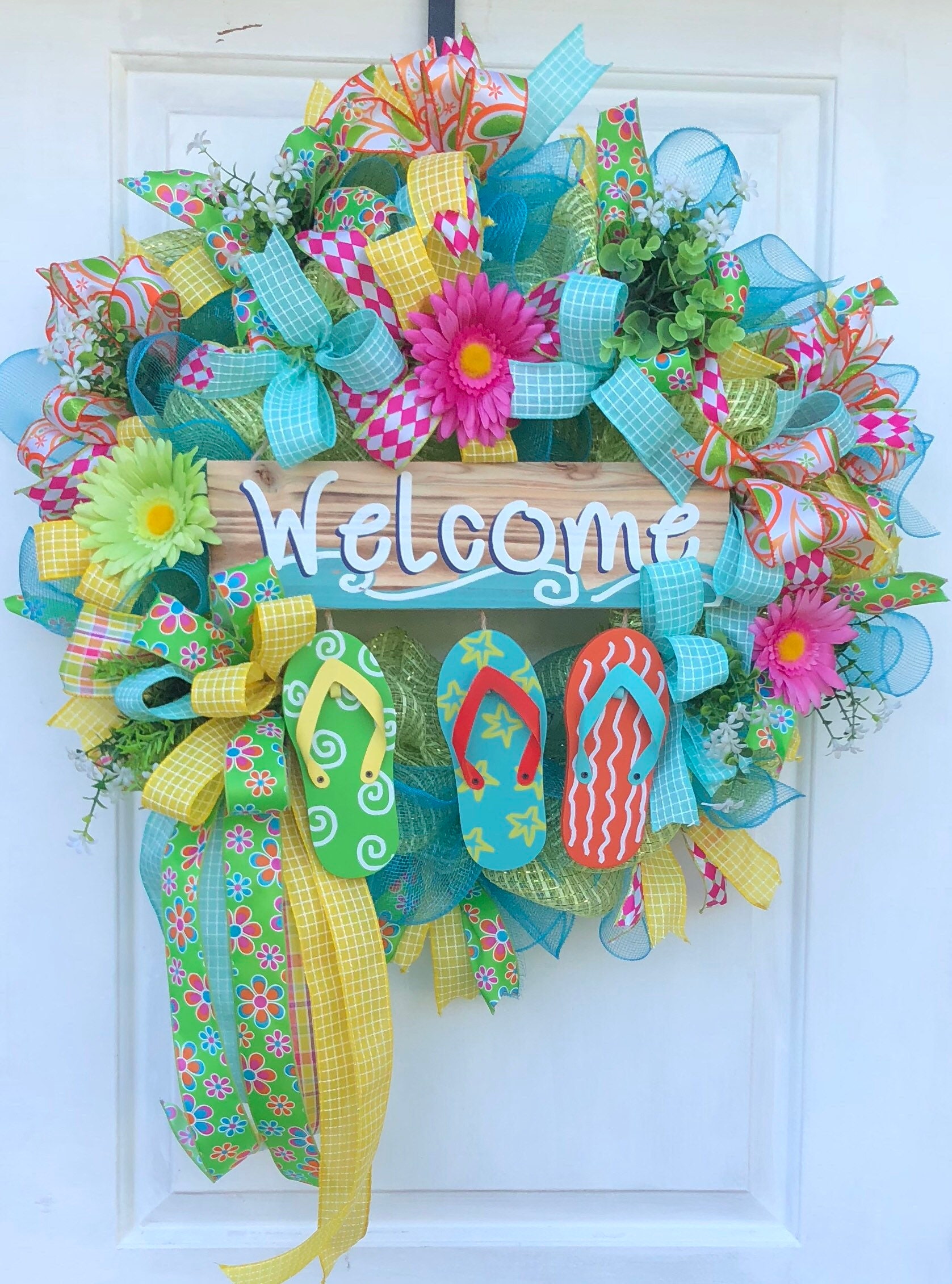 Summer Wreath, Flip Flop Wreath-Summer Deco Mesh Wreath, Front Door ...