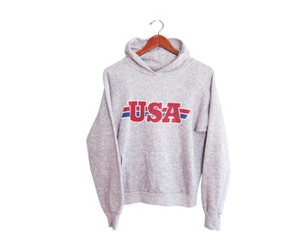 vintage sweatshirt / USA sweatshirt / 70s sweatshirt / 1970s USA heather grey raglan hoodie sweatshirt Small