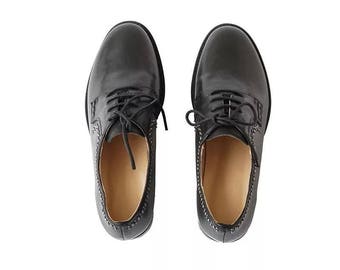 leather oxfords laced up women's shoes black vintage shoes low heel .hand made high quality.