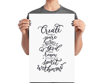 Create in me a pure heart print | Psalms 51:10 | Bible verse print | Christian print | spiritual art | hand lettered print |