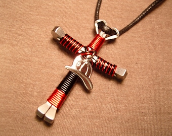 Firefighter disciples cross necklace with silverplated helmet charm