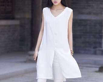 Spring and summer cotton and linen vest – simple retro fresh elegant dress-style long women vest