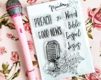 Preach The Word Mini Stamps Christian Scrapbooking Stamping Bible Journaling Good News Gospel Jesus Microphone Growing Meadows Tai Bender