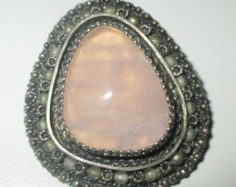 Vintage Cannetille Sterling Silver Rose Quartz Pendant Brooch Pin from Israel