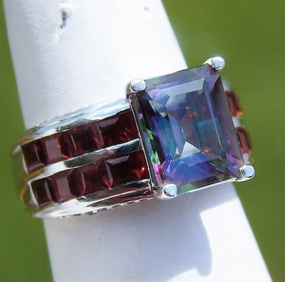 Mystic Topaz Garnet Ring / Size 6 / 4 CT Emerald Cut / Double Row Baguette Princess / Sterling Silver / Unique Engagement