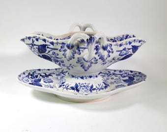 Antique French Porcelain Sauce Boat Blue 'Flora Muguet' pattern from Creil et Montereau