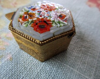 vintage Italian mosaic hexagon pill box - floral, venetian, gold