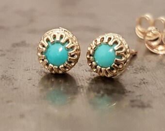 Turquoise 14k Gold Stud Earrings, Dainty Minimalist Crown Earrings, December Birthstone