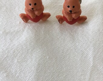 Bear holding heart vintage clip on earrings