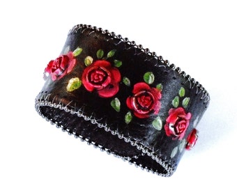 Painted Red Rose Black Leather Boho Cuff Bracelet Bohemian Jewelry FREE SHIPPING