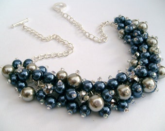 Pearl Beaded Necklace, Bridal Jewelry, Bridesmaid Necklace, Navy and Silver Necklace, Cluster Necklace, Bridesmaid Gift, Custom Colours