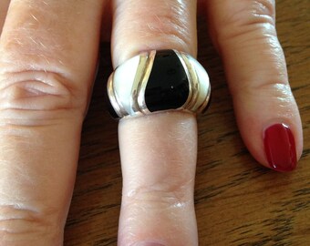Onyx and Mother of Pearl Sterling Silver Ring