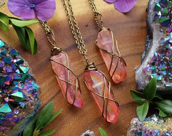 strawberry aura necklace, pink aura crystal, rose aura quartz, pink quartz