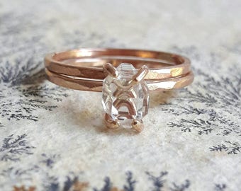 Rose Gold Fill Herkimer Diamond Wedding Set - Raw Crystal Bridal Set - Rough Stone Wedding Rings