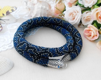Blue snake jewelry for woman Beaded crochet woman necklace Chunky necklace statement for lady Gift for women day Blue girl's jewelry trendy
