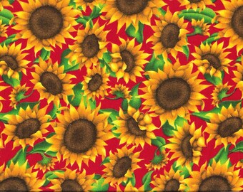 Tissu coton Tournesols sur fond rouge pour patchwork et loisirs créatifs