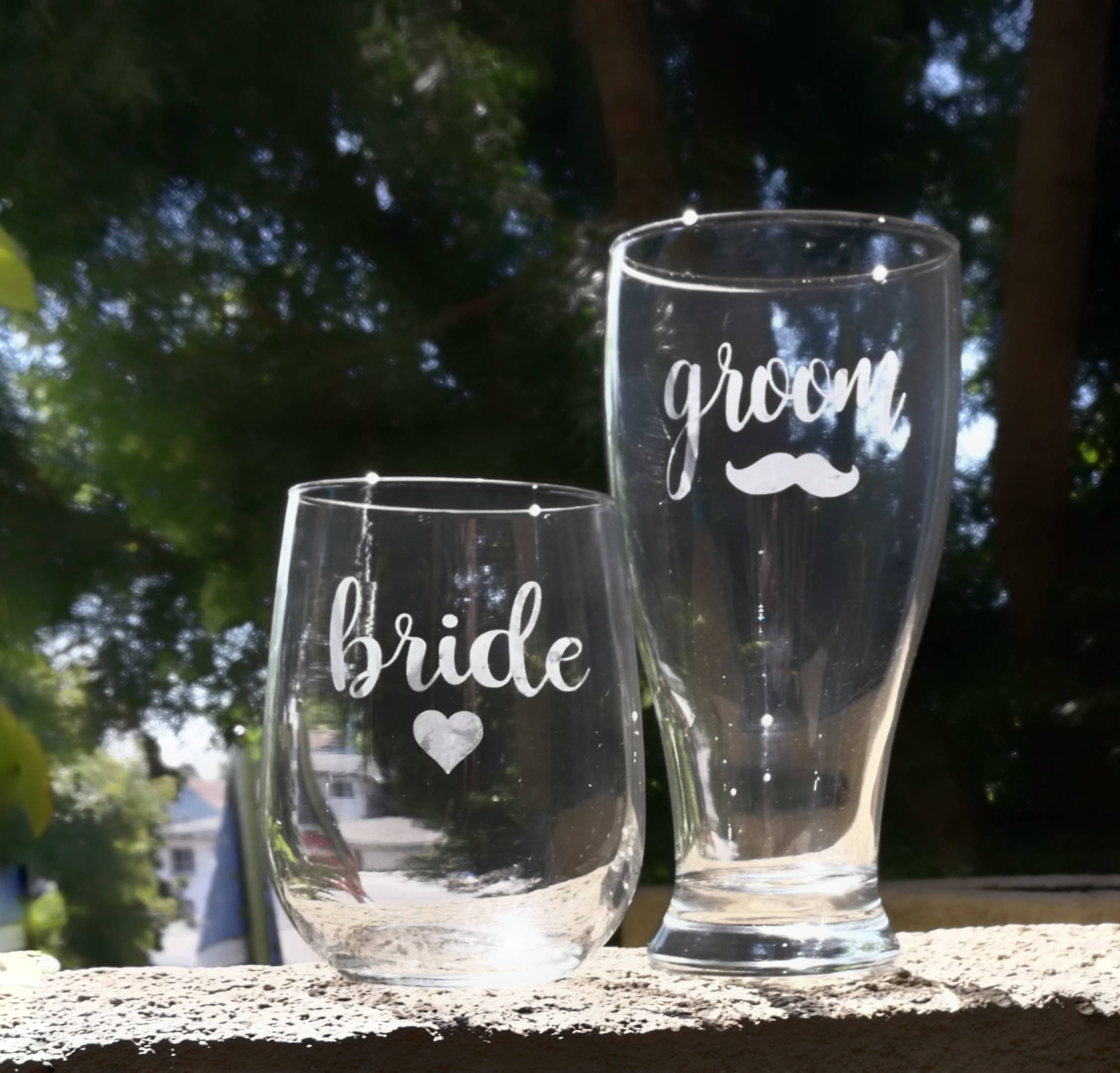 Bride and Groom Toasting Glasses Etched Bride and Groom