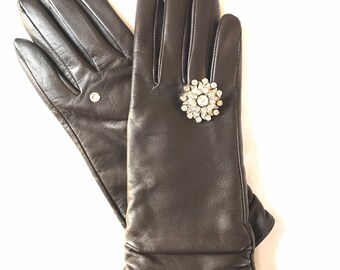 Dark Brown Leather Gloves with Vintage Brooch.