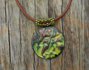 Beaded Bale with Pendant Necklace - Bead Weaving - Statement Necklace - Enamel on Copper Pendant - Leather Cord - BOHO