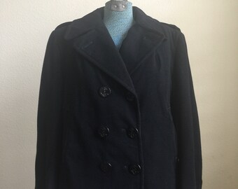 Vintage 80s Navy sailor womens black buttoned coat
