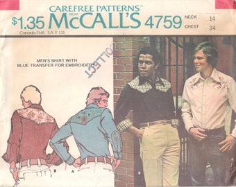 McCalls 4759 1970s Mens Western Shirt Pattern Embroidery Transfer Adult Teen Vintage Sewing Pattern Chest 34 OR Chest 38 Or Chest 40