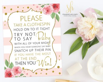 Floral Diaper Pin Game, Don't Say Baby, Pink Roses, Gold Confetti, Pink Stripes, Blush And Gold, Girl Baby Shower, Instant Download, SH23