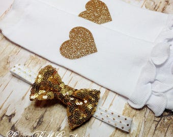 Baby Leggings, Gold Heart Legwarmer and Headband Set, Baby Headband, Gold Sequin Headband, Newborn Headband, Leg Warmer Set, Baby Gift