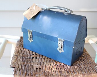 Antique Domed Metal Blue Lunchbox - Collectible
