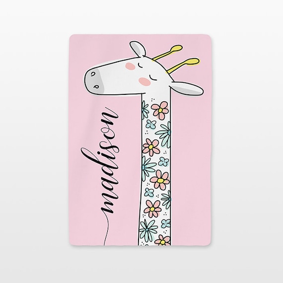 Floral Giraffe Personalized Baby Blanket Custom Name Baby Girl Throw Minky Soft Fleece Kids New Baby Gift Idea Cute Flowers Pastel Pink
