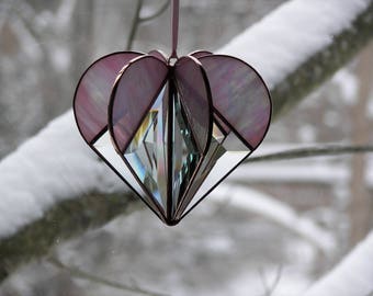Stained Glass Heart Pink, Stained Glass Suncatcher, Pink Heart, Bevel Heart, Heart ornament, Pink Heart Ornament