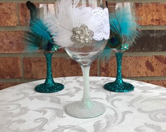 Feathers and Jewels Bride Toasting Glass