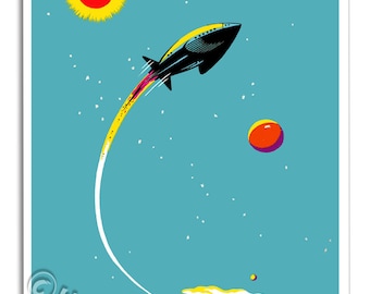 Rocket Ship in Outer Space Kids Art Print of Sun Stars and Planets - 8x10