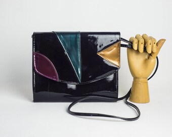 Black Vegan 1980s Patent leather Bag / Geometric Crossbody Bag / Black Vintage Evening Bag / 80s Black Gold and Purple Vintage Clutch
