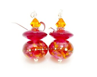 Pink Earrings, Colorful Earrings, Lampwork Earrings, Glass Earrings, Beadwork Earrings, Unique Earrings, Glass Bead Earrings, Bright Earring