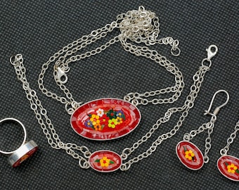 Silver Mosaic Necklace (Floral Red)