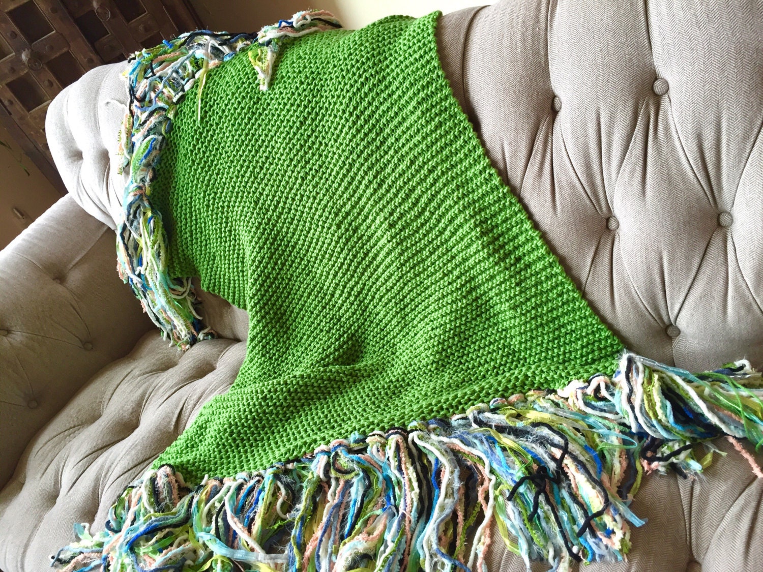 Colorful Knitted Throw Blanket in Emerald Green Chunky Knit