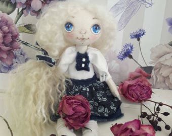 Handmade rag doll with white hair cloth doll soft doll with white hair textile doll for girls