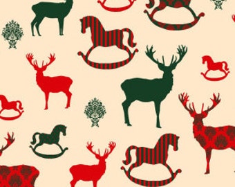 Traditional Reindeer and Rocking Horse Christmas Cotton Fabric