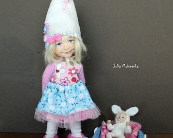 Miniature Dollhouse Gnome Girl with Rabbit dolly OOAK Head + Obitsu body + OOAK Outfit 12th Scale