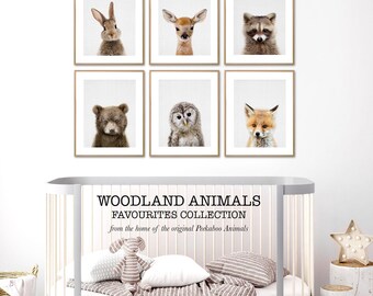 Woodland Nursery Decor Prints, Wall Art Animals, Printable Digital Download, Woodland Prints Set, Rabbit, Deer, Racoon, Bear, Owl and Fox