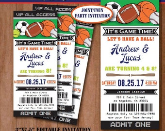 All Star Sport Birthday Invitation-Joint Party-Twins-SELF-EDITING Sport invitation-All Star Party Ticket-Football-Baseball-Basketball-A136-B