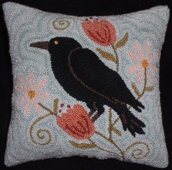 Primitive Punch Needle Pillow Crow Among the Daisies